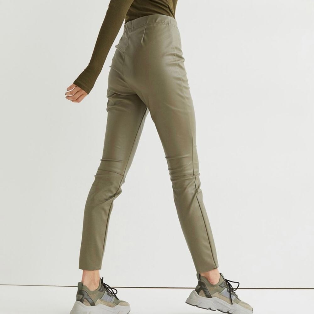 H&M Faux Leather Leggings (10) Khaki Green High Waist Elastic Waist Raw Hem